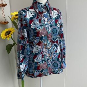 Vintage 60s 70s Dagger Collar Teal, Blue, Magenta Long Sleeve Button Down Shirt